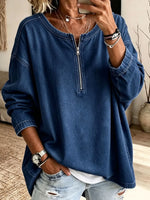 Retro Zip Art Casual Loose Denim Stylish Long Sleeve Shirt