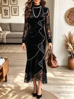 Women's Long Sleeve Lace Sleeve Rhinestone Ruffled Bodycon Dress