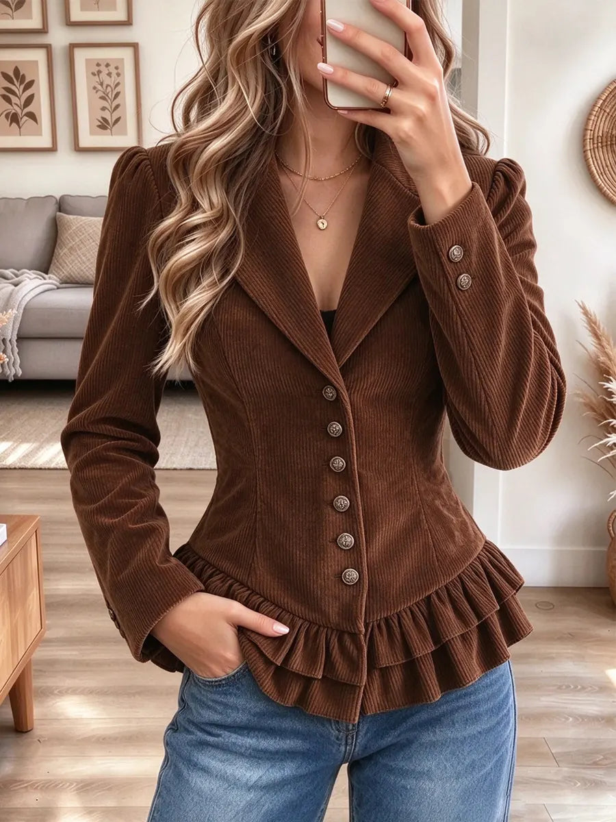 Retro Ruffle Lapel Art Casual Stylish Corduroy Long Sleeve Coat