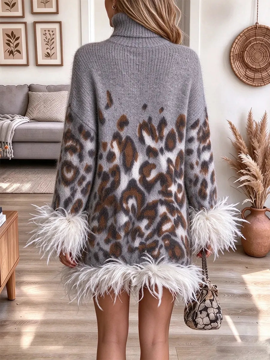 Vintage Chic Leopard Turtleneck Art Casual Knit Stylish Long Sleeve Mini Dress