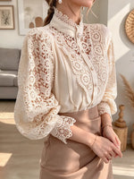 Retro Elegant Lace Hollow Patchwork Art Casual Stylish Long Sleeve Shirt