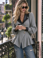 Women's Faux Leather Lapel Ruffled Hem Knit Cardigan