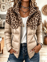 Women's Leopard Print Color Block Puffer Jacket