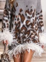 Vintage Chic Leopard Turtleneck Art Casual Knit Stylish Long Sleeve Mini Dress
