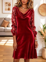 Vintage Elegant Cowl Neck Shiny Art Casual Stylish Long Sleeve Dress
