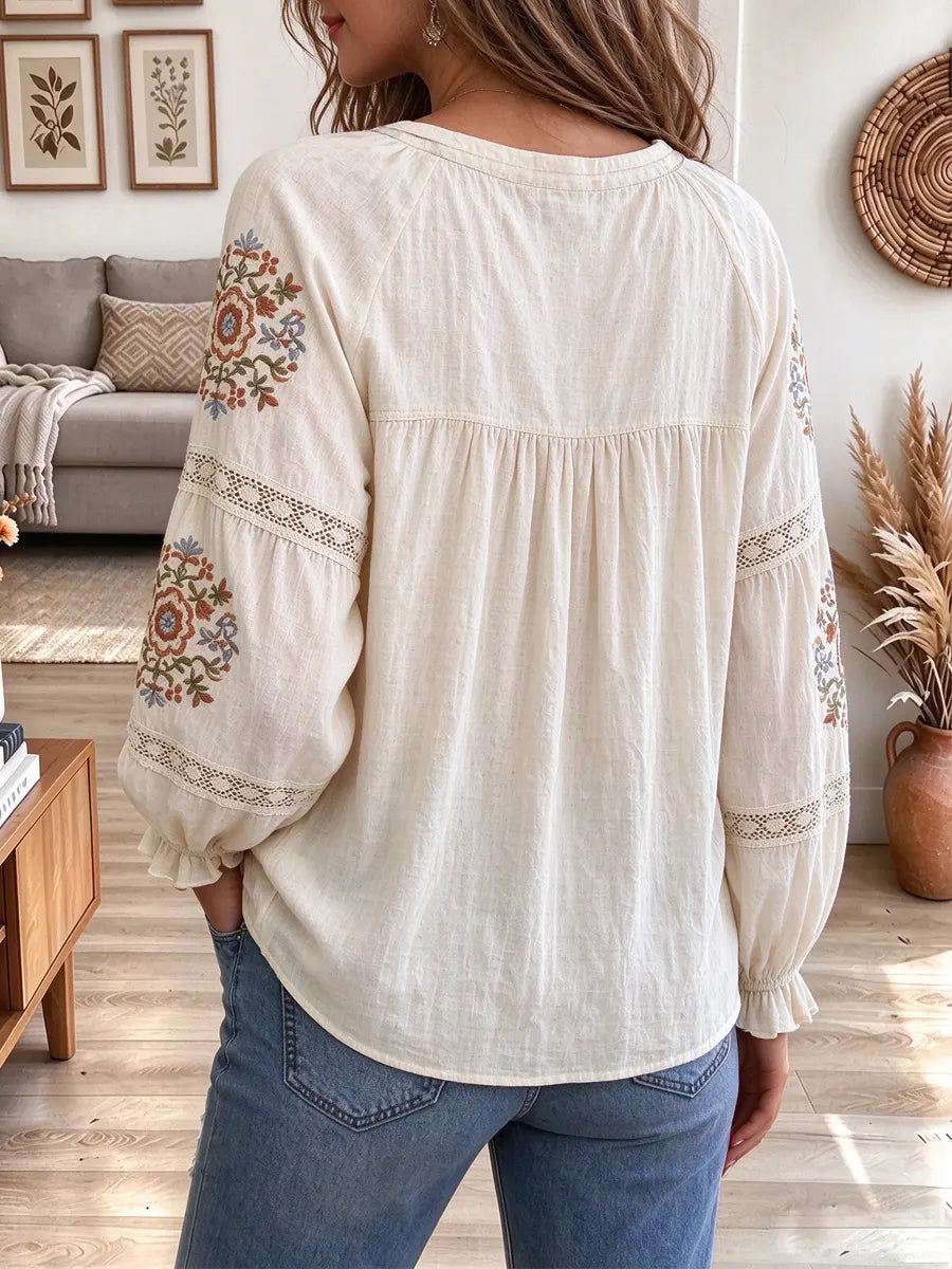 Retro Elegant Floral Pattern Cotton Linen Art Casual Stylish Long Sleeve Shirt