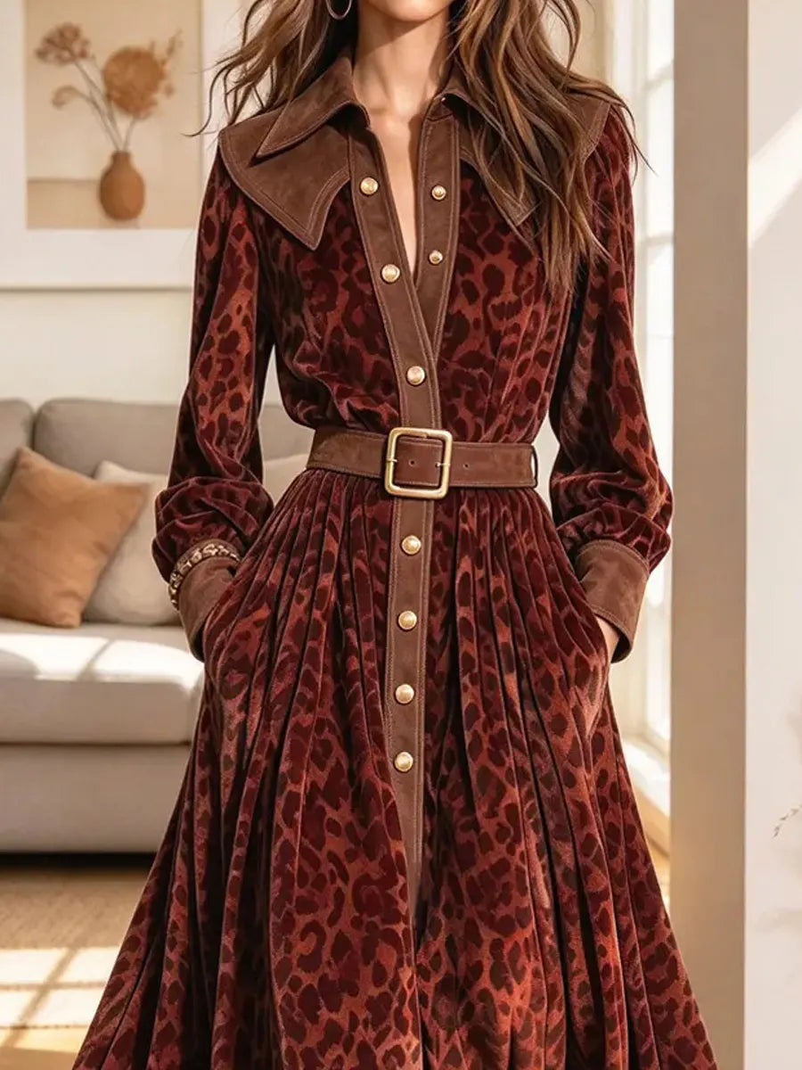 Vintage Elegant Leopard Lapel Art Casual Stylish Long Sleeve Dress