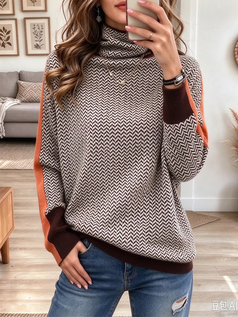 Retro Classic Turtleneck Color Block Art Casual Stylish Long Sleeve Sweater