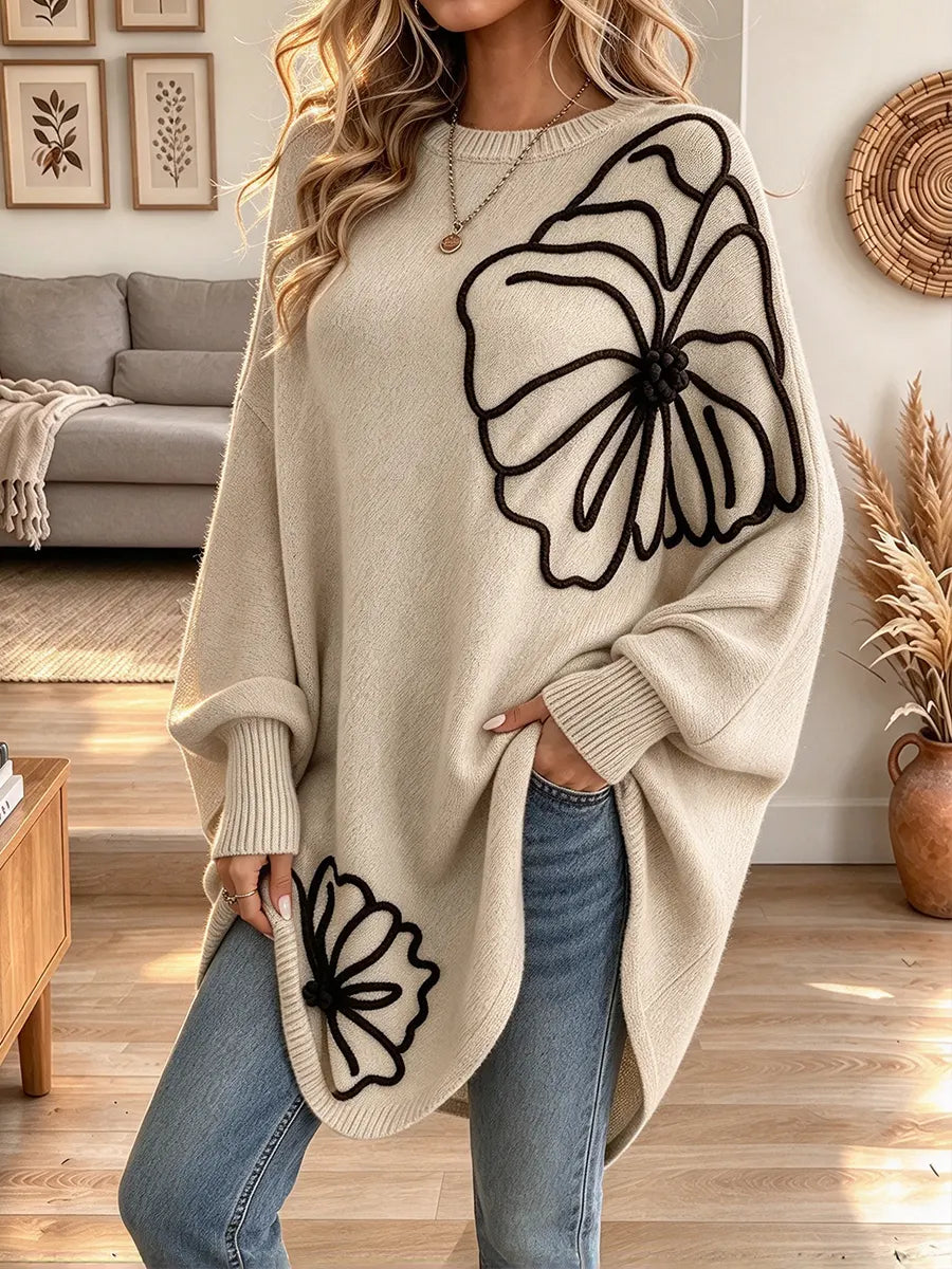 Women's Loose Floral Print Round Neck Batwing Long-sleeved Knit Top