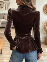 Retro Elegant Ruffle Velvet V-neck Art Casual Stylish Long Sleeve Shirt