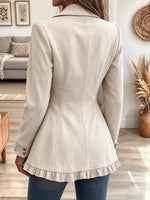 Women's Ruffled Lapel Open Front Jacket Long Sleeve Fitted Suede Look Casual Blazer Coat