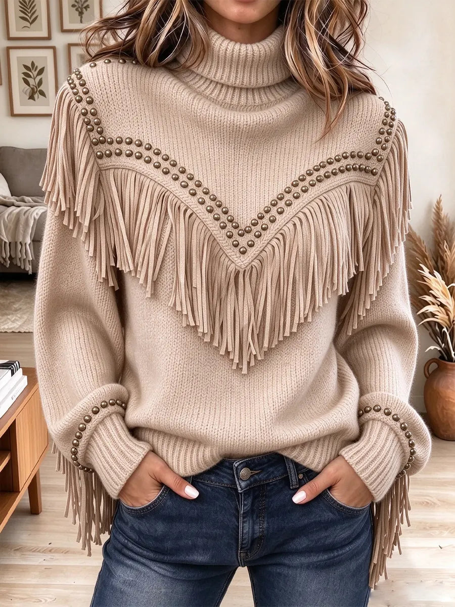 Retro Western Fringe Turtleneck Art Casual Stylish Long Sleeve Sweater
