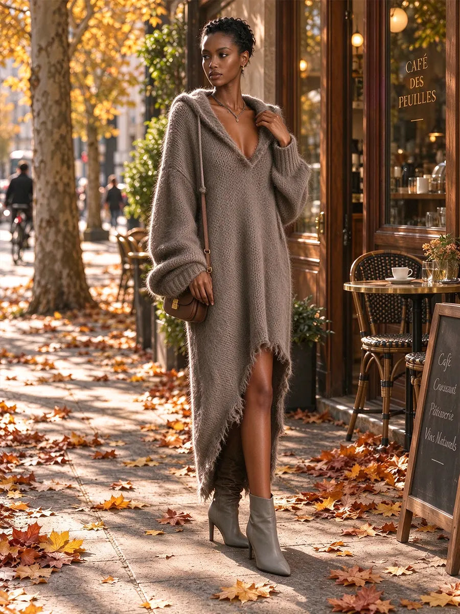 Women's Hooded Fuzzy Knit Sweater Dress