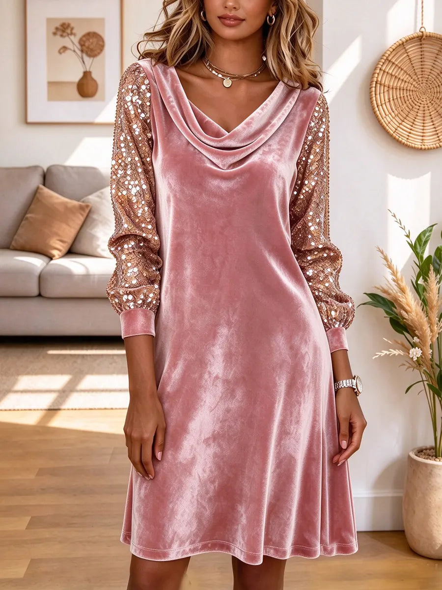 Vintage Elegant Cowl Neck Shiny Art Casual Stylish Long Sleeve Dress