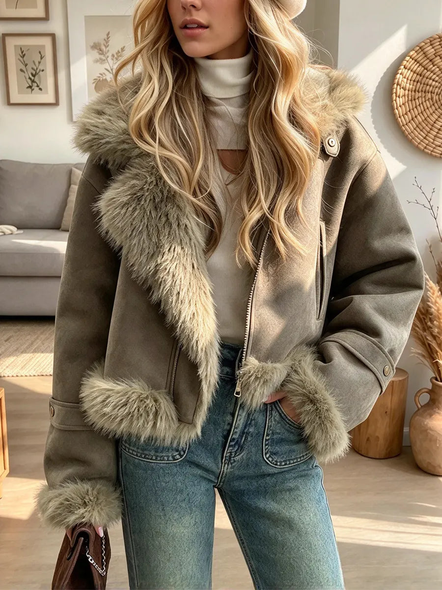 Retro Fur Suede Art Casual Stylish Long Sleeve Lapel Coat