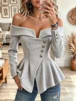 Women's Elegant Deep V Big Lapel Long Sleeve Slim Fitted Asymmetric Button Flared Hem Coat Top