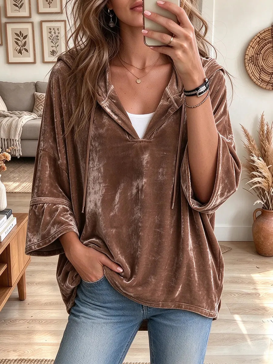 Women's Velvet Hooded V Neck Top