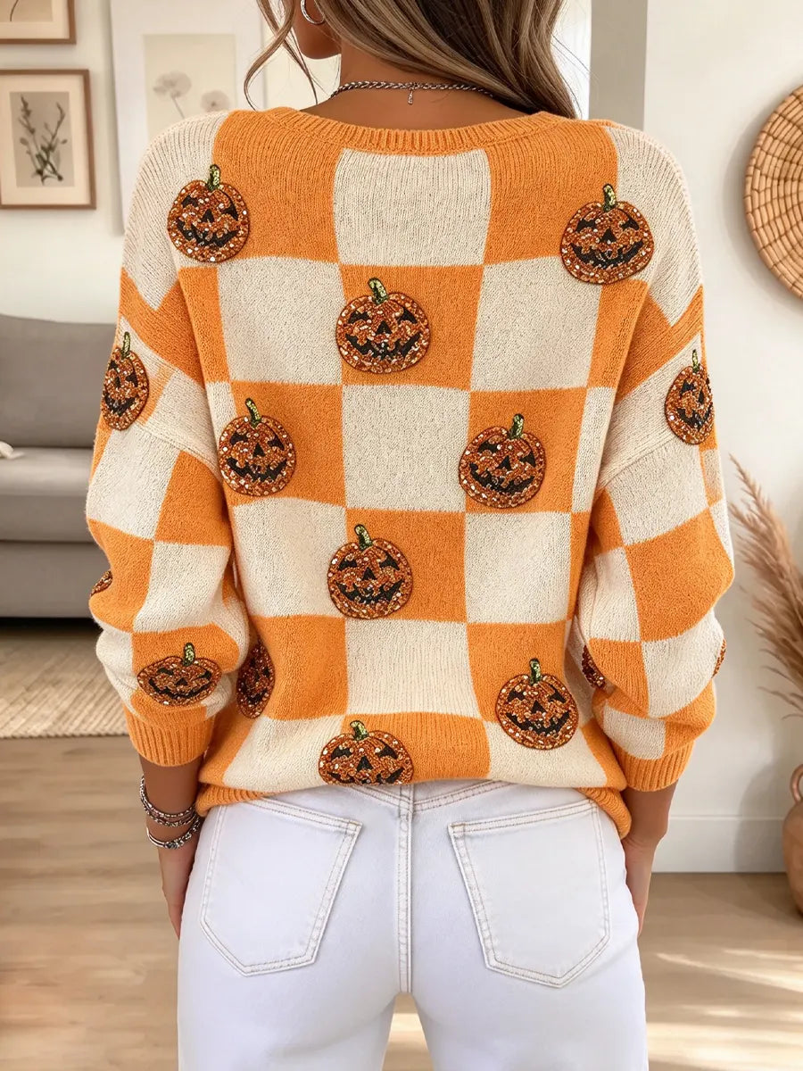 Halloween Pumpkin Pattern Art Casual Stylish Long Sleeve Knit Sweater
