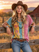 Women's V Neck Color Block Floral Print T-Shirt