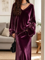 Retro Chic Velvet Art Casual Stylish Long Sleeve Top And Skirt Two-piece Set