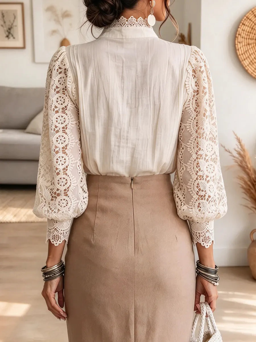 Retro Elegant Lace Hollow Patchwork Art Casual Stylish Long Sleeve Shirt