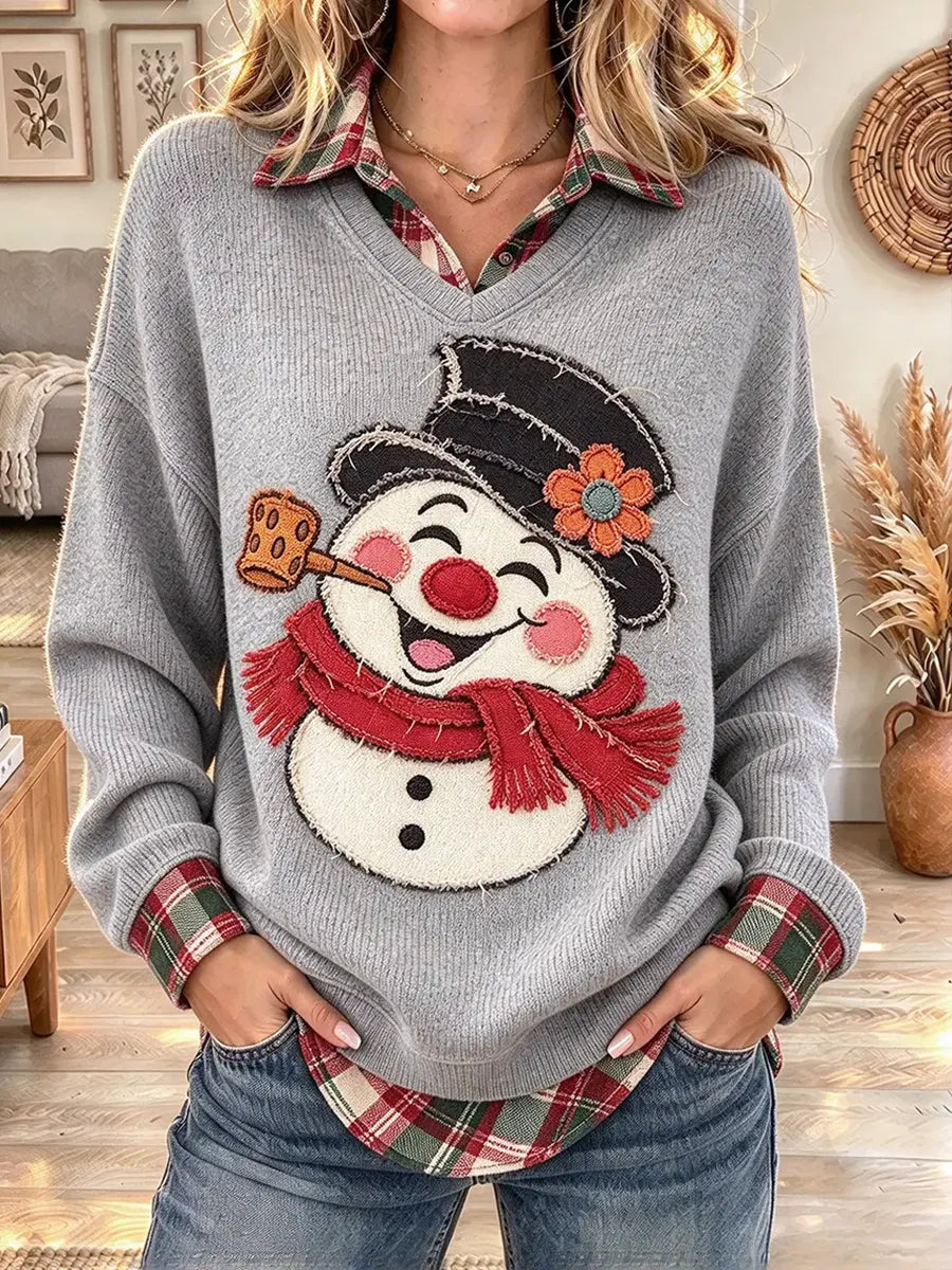 Women's Frayed Applique Snowman Print Sweatshirt