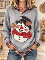 Women's Frayed Applique Snowman Print Sweatshirt