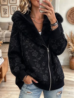 Women's Floral Embroidery Print Hooded Zip Up Long Sleeve Loose Casual Winter Coat