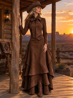 Women's Western Bow Tie Neck Long Sleeve Tiered Ruffle Irregular Hem Slim Fit Maxi Dress