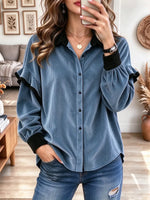 Retro Chic Ruffle Corduroy Art Casual Stylish Long Sleeve Lapel Shirt