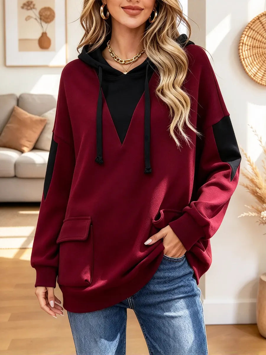 Retro Color Block Hooded Art Casual Stylish Long Sleeve Sweatshirt