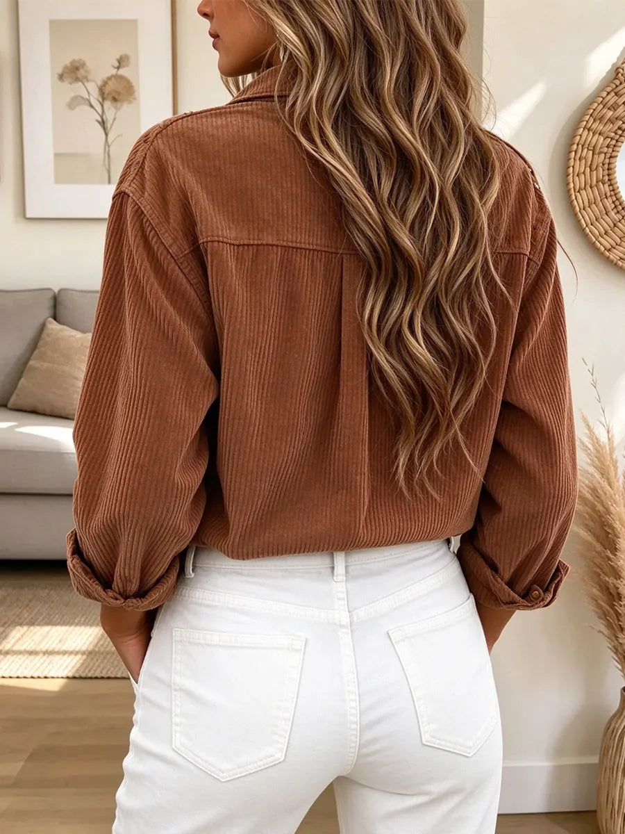 Retro Solid Color Art Lapel Casual Stylish Long Sleeve Corduroy Shirt