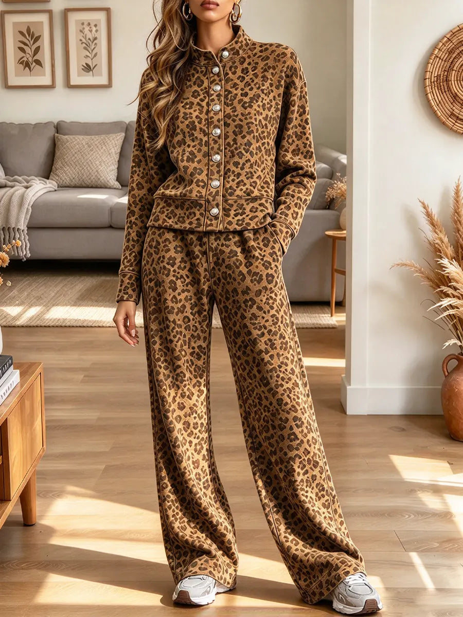 Vintage Chic Leopard Art Casual Stylish Long Sleeve Top And Pants Two-piece Suit