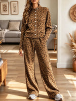 Vintage Chic Leopard Art Casual Stylish Long Sleeve Top And Pants Two-piece Suit