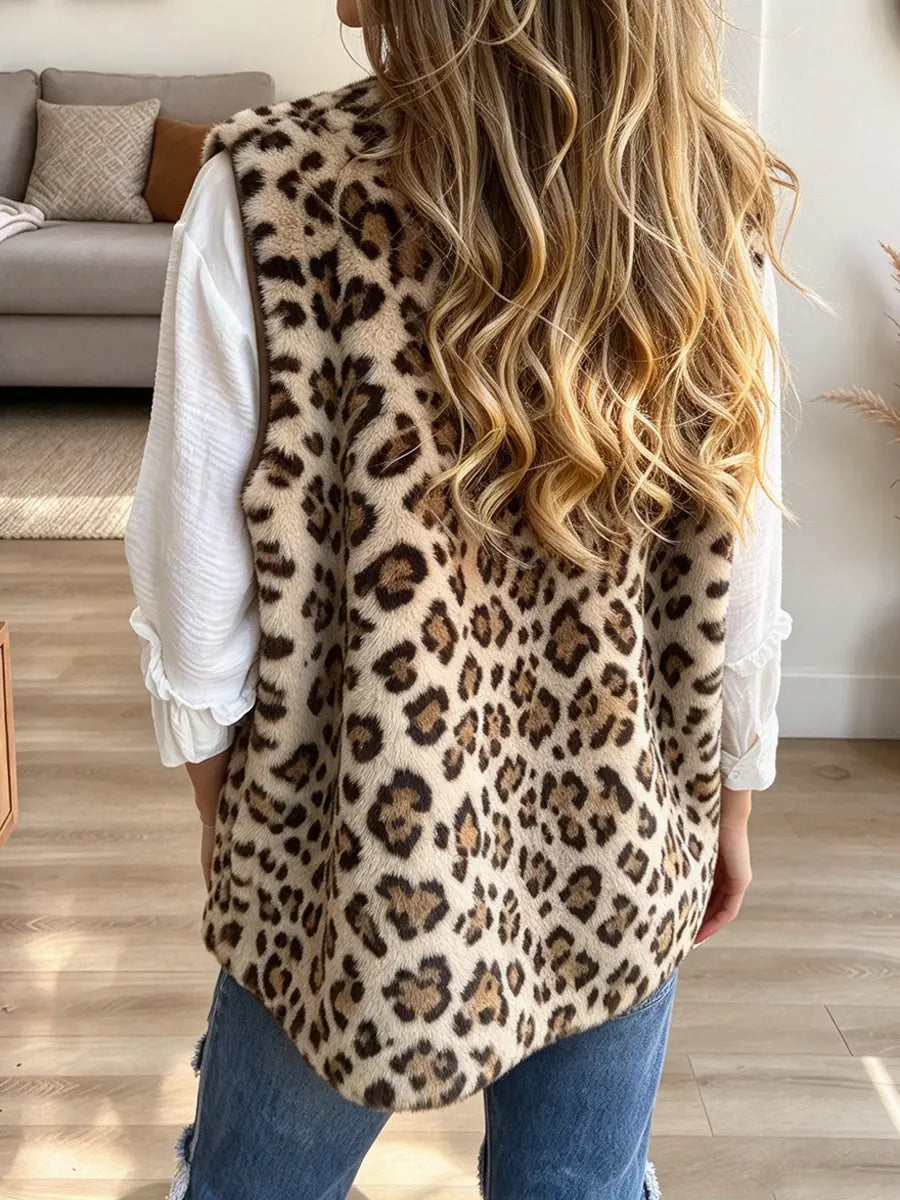Retro Leopard Pattern Fuzzy Sherpa Art Casual Stylish Sleeveless Vest Coat