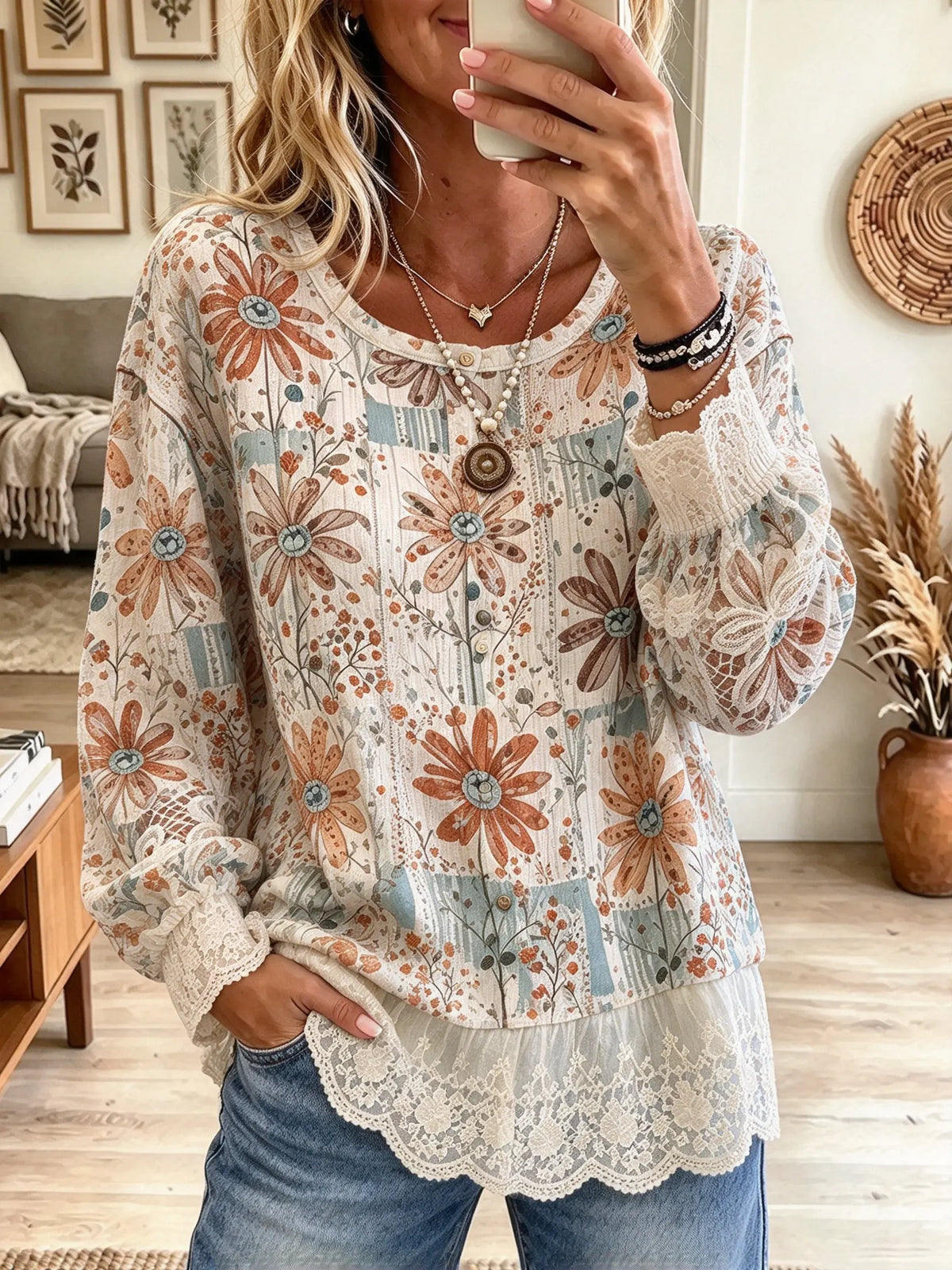 Women's Floral Print Lace Trim Blouse