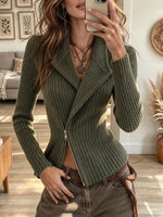 Women's Asymmetrical Diagonal Zipper Slim Fit Long Sleeve Cardigan