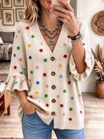 Women's Off-White Cardigan with Multi-Color Polka Dots and Ruffle Cuffs