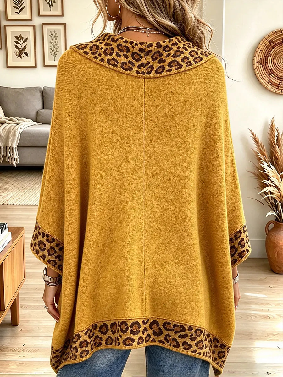 Women's Mustard Yellow Leopard Print Trim Loose Knit Shawl Wrap Pullover Top