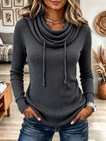 Women's Dark Grey Ribbed Knit Cowl Neck Pullover Sweater with Drawstring