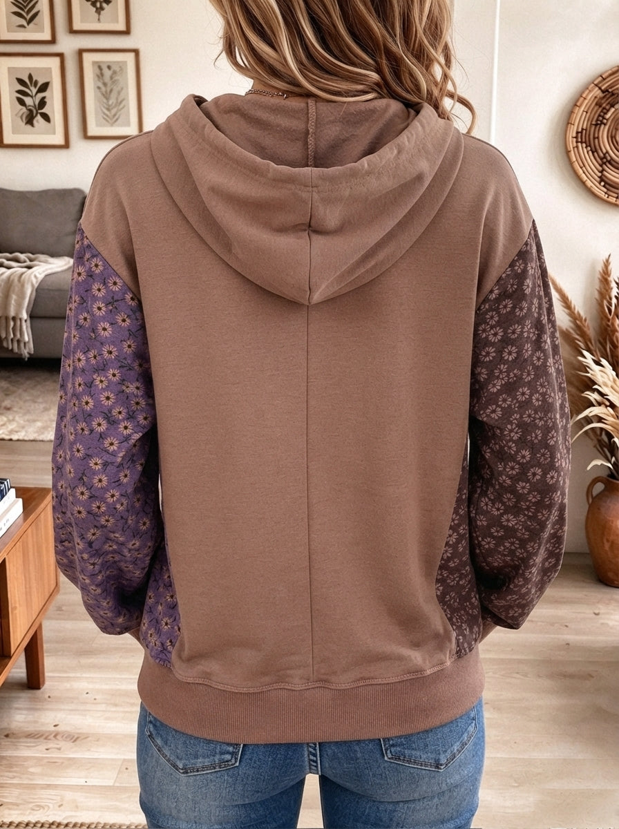 Women's Brown Colorblock Hoodie with Floral Print Pocket and Sleeves