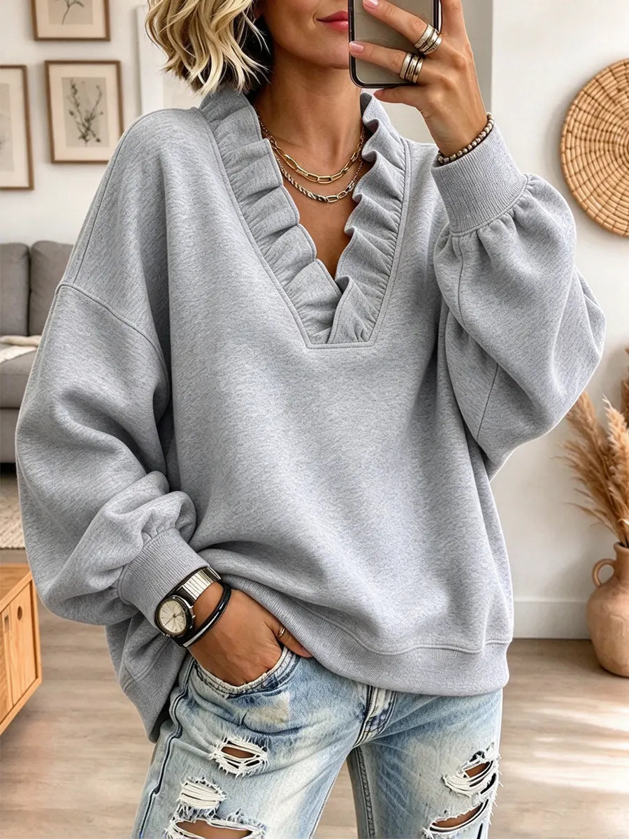 Retro Chic Ruffle V-neck Art Casual Stylish Long Sleeve Sweatshirt