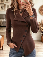 Women's Asymmetric Button Lapel Ribbed Knit Sweater