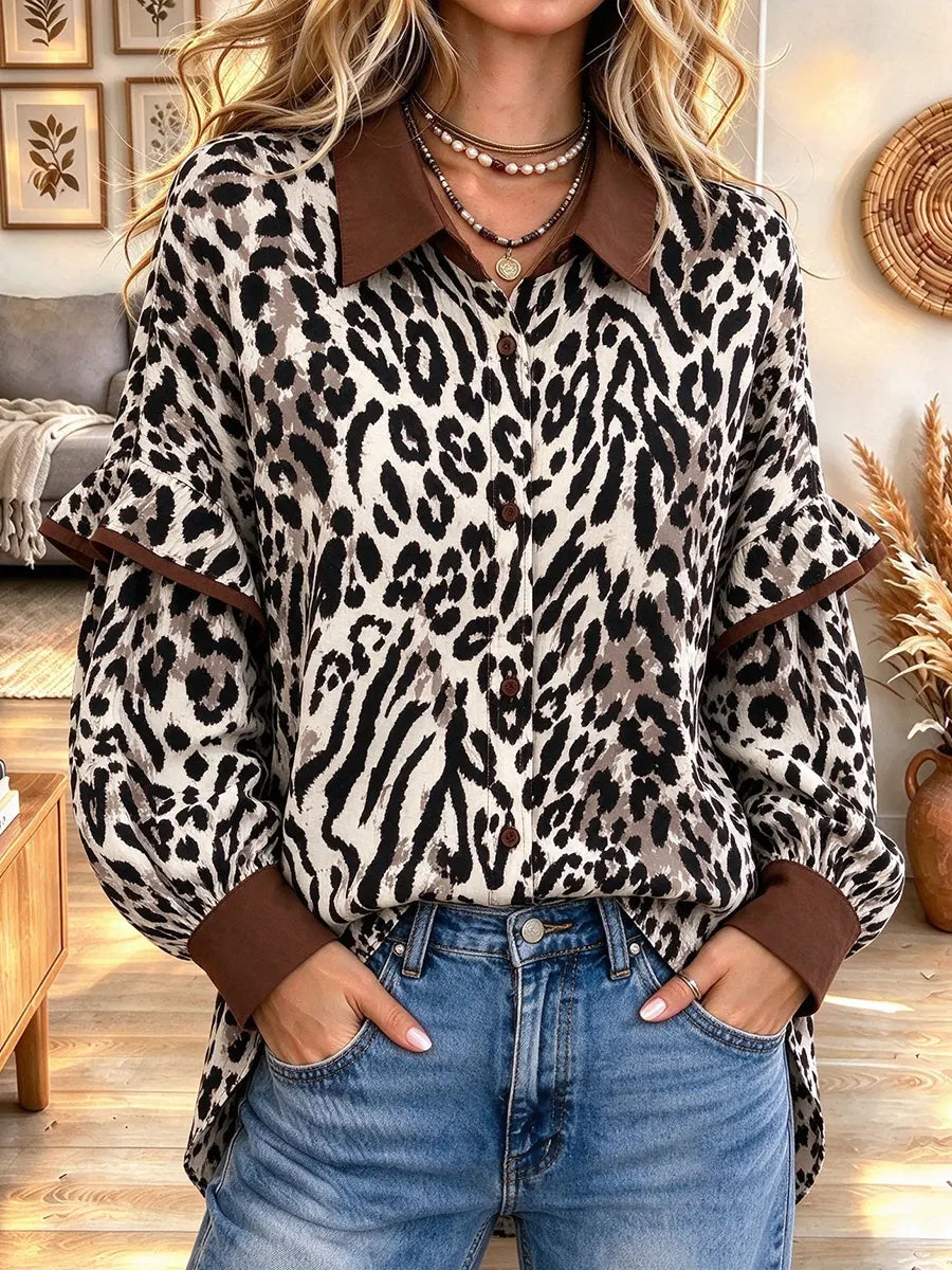 Women's Retro Print Collared Ruffle Shirt