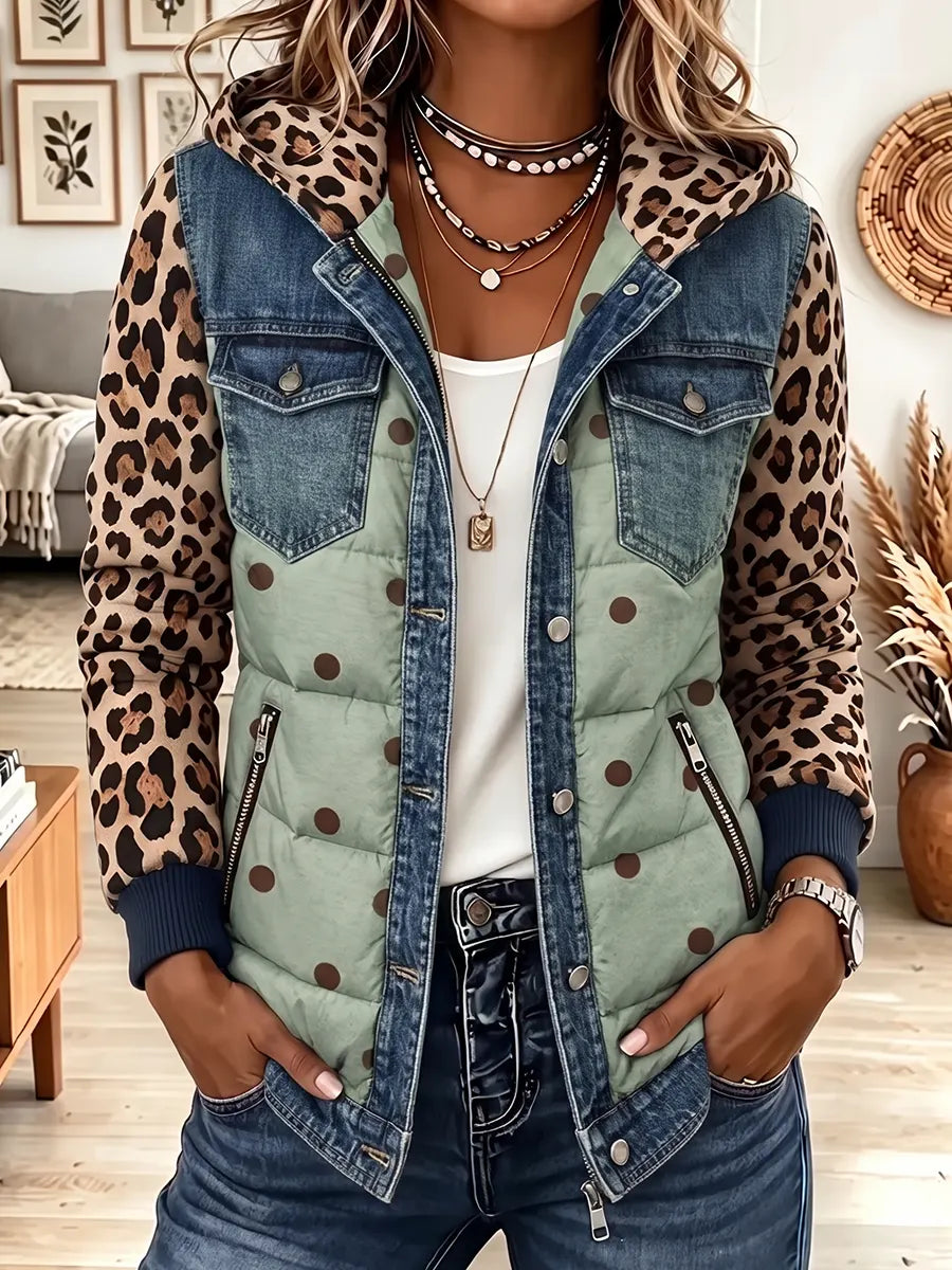 Vintage Elegant Leopard Print Patchwork Quilted Winter Jacket
