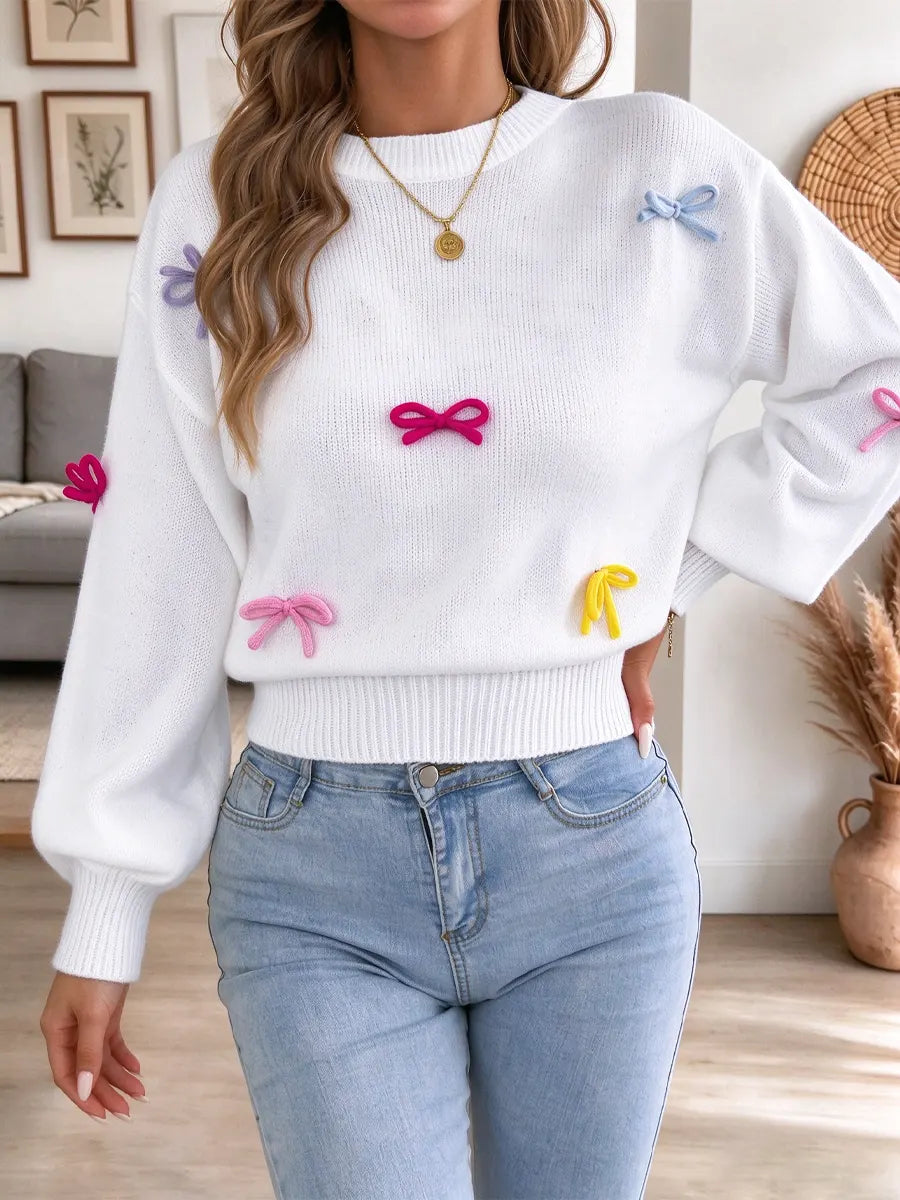 Cute Bow Art Casual Stylish Long Sleeve Round Collar Knit Sweater