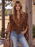 Women's Sleeveless Fringe Vest With Deep V-neck