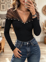 Women's Mesh V-neck Pearl-embellished Long-sleeved Top