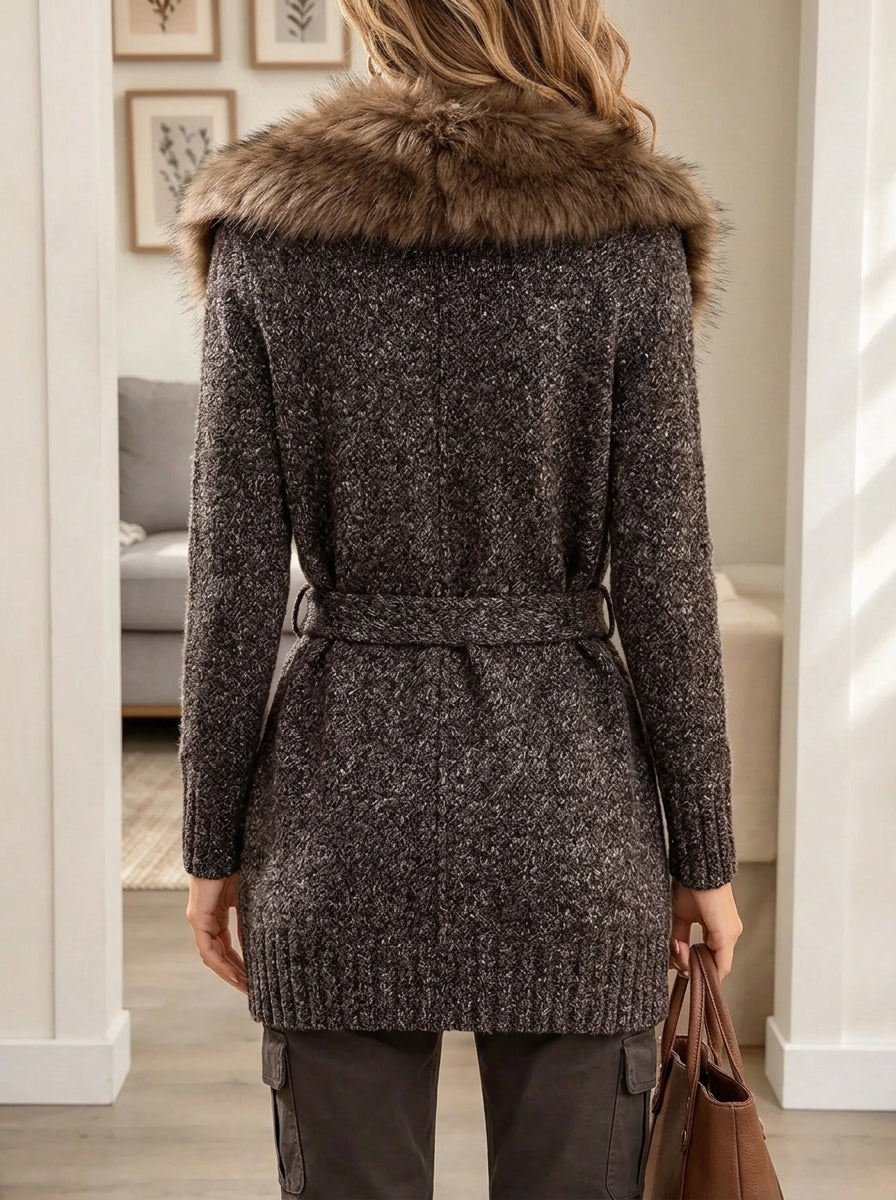 Women's Belted Faux Fur Collar Cardigan