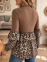Vintage Elegant Knit Patchwork Leopard-print Ruffles Shirt